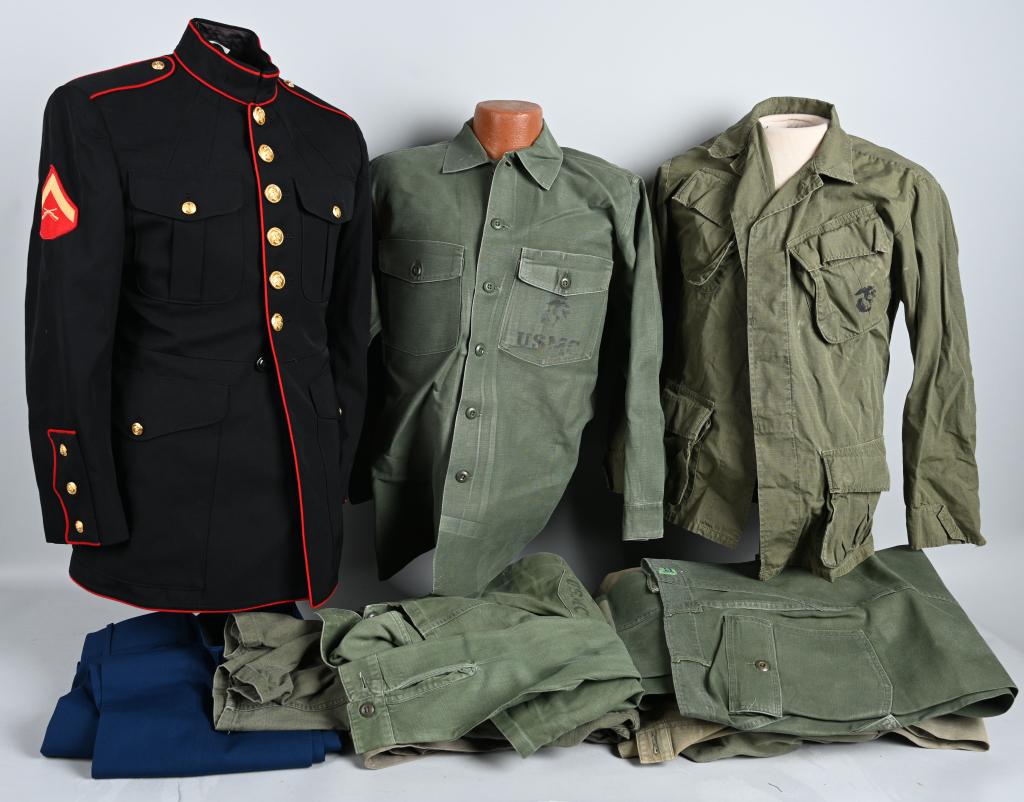 LARGE LOT OF MARINE CORPS CLOTHING WWII TO 2000's: Large lot of Marine Corps items from WWII to Desert Storm including 1) Korean War HBT Herringbone Twill trousers size 34 X 33 in very good condition with minor staining, 2) Dress Blues set to a Lance 