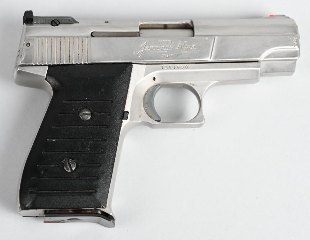 JENNINGS STAINLESS MODEL NINE SEMI AUTO PISTOL: SERIAL 1351590. BARREL 3.5". CALIBER 9MM. Features a high visibility front sight, target adjustable rear, 12-shot magazine, stainless brush finish, black composite grips, last shot slide hold open fea