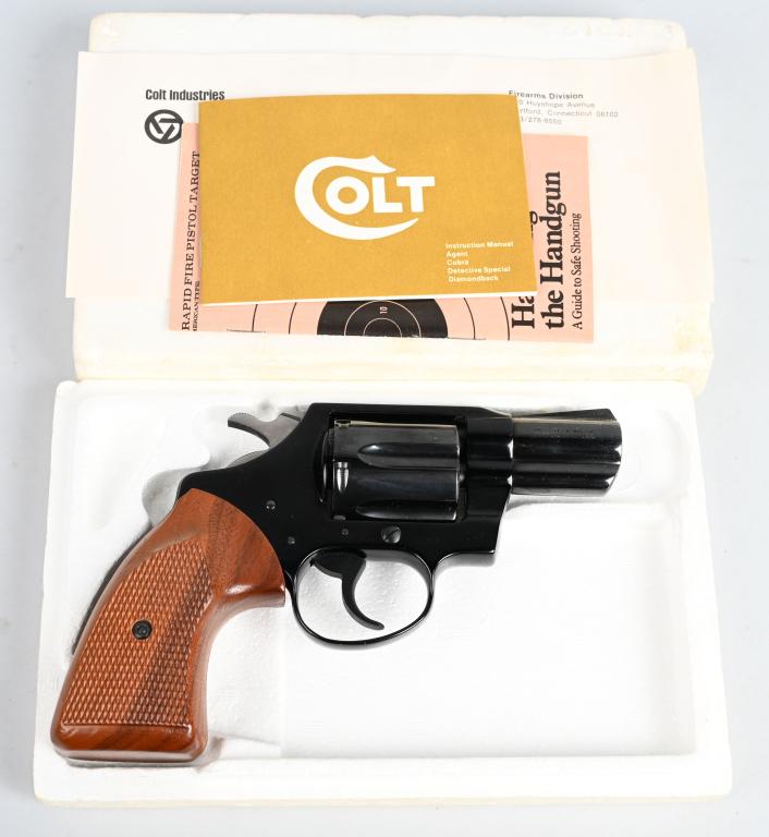 BOXED COLT COBRA DOUBLE ACTION REVOLVER: SERIAL 86932K. BARREL 2". CALIBER .38 SPECIAL . The Colt Cobra is a lightweight, aluminum-framed, double-action short barreled revolver. It was discontinued in 1981. Highly collectible today as part o