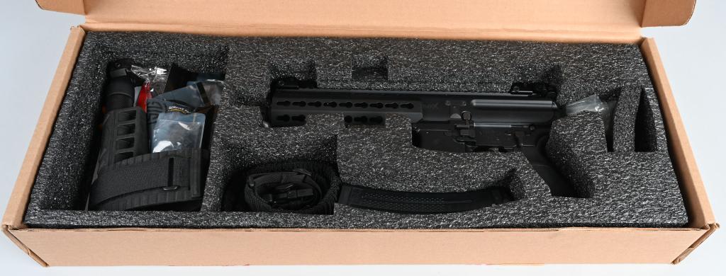 BOXED SIG SAUER MPX 9mm SEMI AUTO AR PISTOL: SERIAL 62b032044. BARREL: 10" CALIBER 9mm. Features AR style pistol grip, upper & lower receiver, Picatinny rails, flip up sights, and comes in original factory box with wrist brace, one magazine, ori