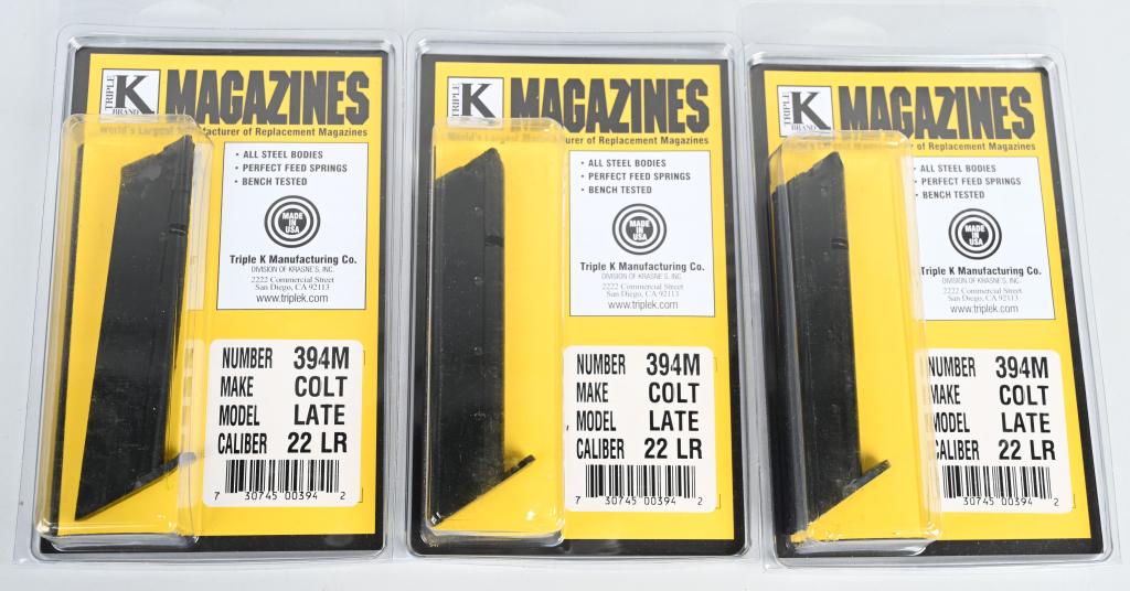 (3) MOC TRIPLE K COLT WOODSMAN MAGAZINES: All are blue, high quality replacement magazines for late model Colt Woodsman .22 semi auto pistols. All are new in package.