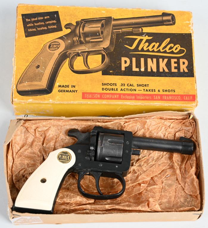 BOXED THALCO PLINKER .22 REVOLVER: SERIAL 10547. BARREL 2.5". CALIBER .22 SHORT. MADE IN GERMANY. This is a small pocket size, six shot double action revolver with matte finish and white composite monogram grips. Light use and handling