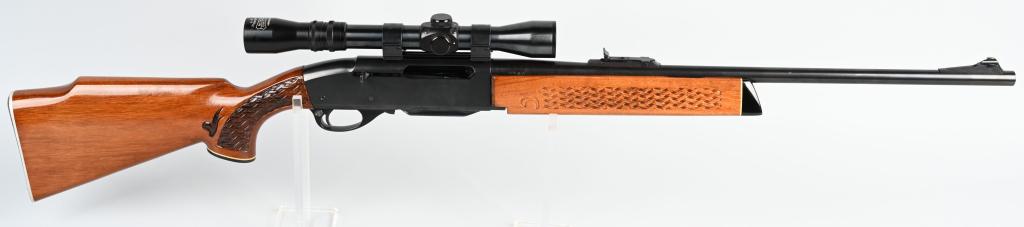 REMINGTON MODEL 742 SEMI AUTO RIFLE: SERIAL 224023. BARREL 22". CALILBER 30-06. This is a pre-1968 made rifle with no letter prefix. It is an ADL model with press checkered high gloss walnut stocks, white line spacers with grip cap, meta