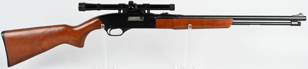 WINCHESTER MODEL 190 SEMI AUTO .22 RIFLE: SERIAL 357130. BARREL 20" CALIBER .22 LONG RIFLE. MADE 1974-1980. Features tube fed, semi auto, blue & black enamel finish, open sights, plain pistol grip hardwood stock with un-marked4x scope. Overal