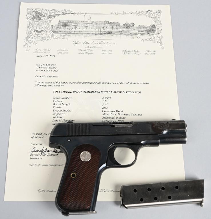 COLT MODEL 1903 SEMI AUTO POCKET PISTOL: SERIAL 488992. BARREL 3.5" CALIBER .32 ACP. MADE IN1928. Factory letter states part of a 3-gun shipment to Miller Bros. Hardware co in Richmond Indiana on October 16, 1928. Shipped blue with checkered
