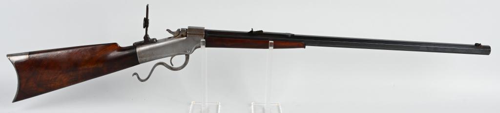 MARLIN BALLARD SINGLE SHOT SPORTING RIFLE: SERIAL 25542. BARREL 26". CALIBER .32 LONG. This is a No. 2 Sporting rifle made from 1876-1891. It is chambered for the Rimfire cartridge. Features included a blue full octagon barrel, long tang semi 