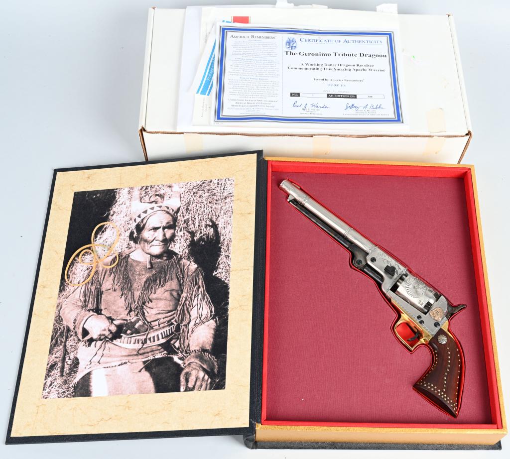 CASED GERONIMO TRIBUTE DRAGOON REVOLVER: SERIAL C00772. BARREL 8" CALIBER .44. The firm of America Remembers produced a limited run of 300 specially made Colt Dragoon replica honoring Geronimo. These specially made guns were made to fire. Th