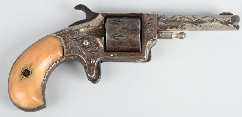 FACTORY ENGRAVED RANGER POCKET REVOLVER: SERIAL NSN BARREL 2.5". CALIBER .22 RIMFIRE. While not maker marked, the engraving typical Merwin & Hulbert. It is a 7-shot, single action with exposed hammer and spur trigger. Grips are real bone, bi