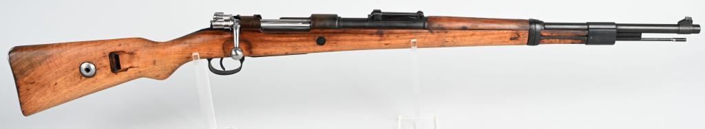 S/147 CODE MODEL 98 CARBINE: SERIAL 5585. BARREL 23.62". CALIBER 7.92 X 57MM. This carbine was made by Sauer & Sohn (code stamped on chamber) and is dated 1937. Matching numbers on frame, barrel, bolt, safety, stock, floor plate 