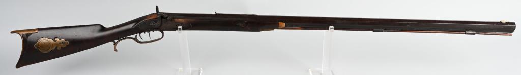 AUGUST HIRTH PITTSBURGH HALF STOCK RIFLE: Barrel is stamped with maker and city. Hirth made custom rifles in the later part of the 19th century. This half stock sporter features a 36" octagon barrel, bore size .32. walnut half stock with bras