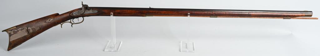 J. GRIFFITH MARKED KENTUCKY LONG RIFLE PERCUSSION: The lock is stamped J. Griffith Cincinnati but that may or may not have been the maker of entire rifle as it is unmarked. Griffith operated out of Cinn. as a maker of half stock rifles from 1834-1866.
