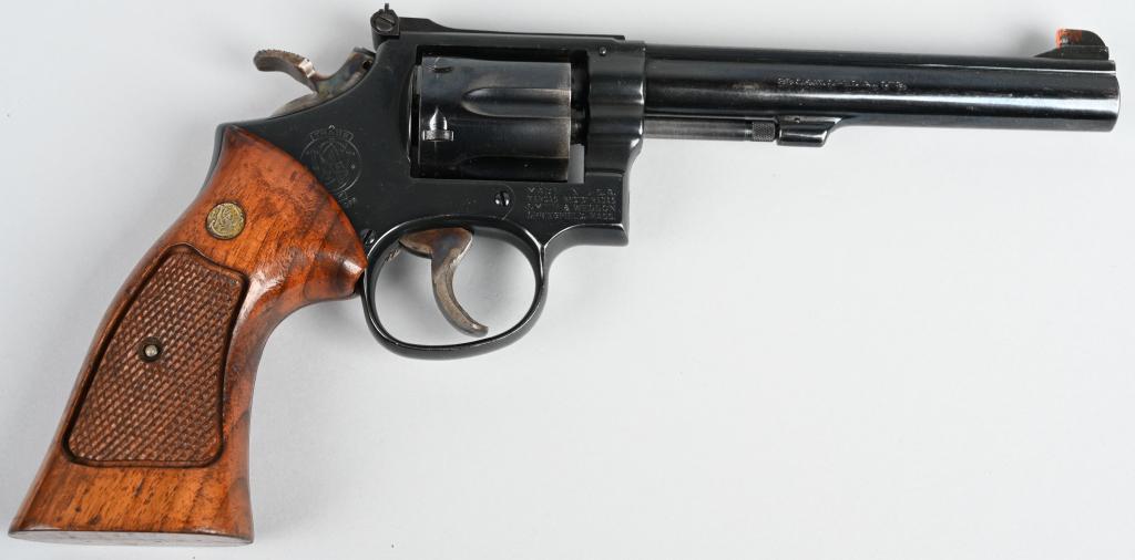 SMITH & WESSON MODEL 14-4 REVOLVER: SERIAL 90K4940. BARREL 6". CALIBER .38 SPECIAL. Built on K-frame square butt 3-screw, pinned barrel, six shot, double action, case color target hammer & trigger, adjustable rear sight, front sight wit