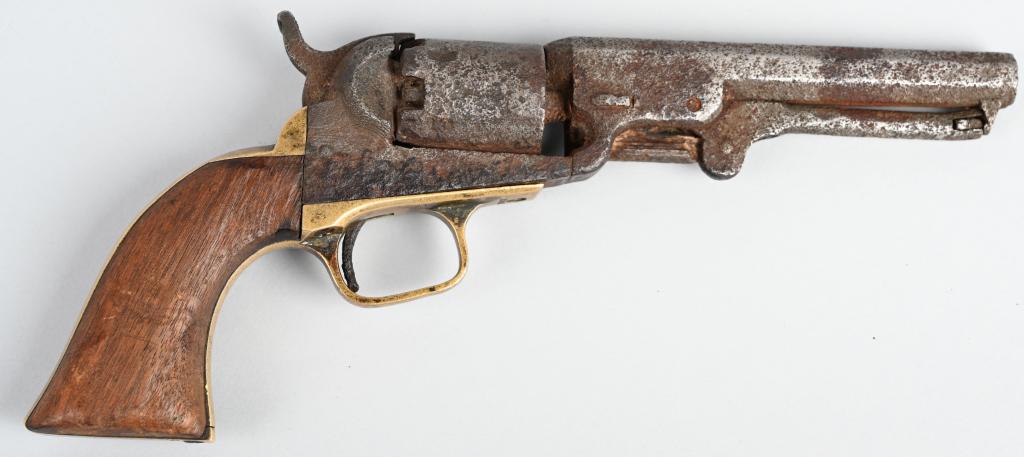 DUG UP COLT MODEL 1849 REVOLVER RELIC: SERIAL 314300. BARREL 5" CALIBER .31 MADE IN 1869. Gun is complete less one screw and is just as it was dug up. A