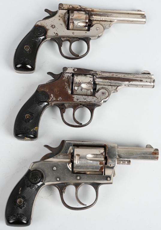 LOT OF 3 DOUBLE ACTION POCKET REVOLVERS: A. IVER JOHNSON 4539. BARREL 2.5". CALIBER .32 CF. Features octagon barrel, nickel finish, Working order, left grip chipped. Has few small areas of patina. B. IVER JOHNSON. 62530. 3". .32 CALIBER. NIC