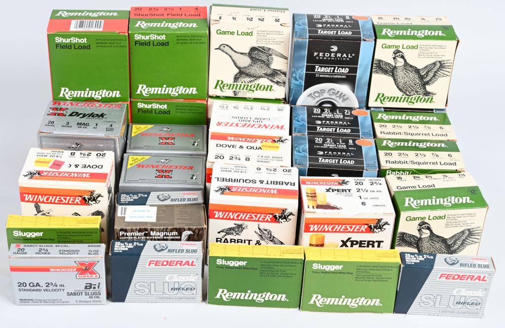 800- 20 GA SHOTGUN SHELLS Assorted Shot & Slug: 800- 20 GA SHOTGUN SHELLS Assorted Shot & Slug Lot of 800 Assorted 12 Gauge Shotgun Shells. Target and Slug Loads. All Boxed