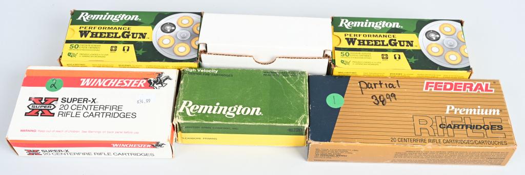 (6) BOXES AMMO- 41 MAG, 45 COLT, 300 WIN MAG: Two full boxes of Remington .45 Colt lead, two boxes .41 magnum (one Remington & one loose box 25 Starline brass custom loaded. Lastly, two boxes of .300 Winchester magnum 14 rounds federal and full b