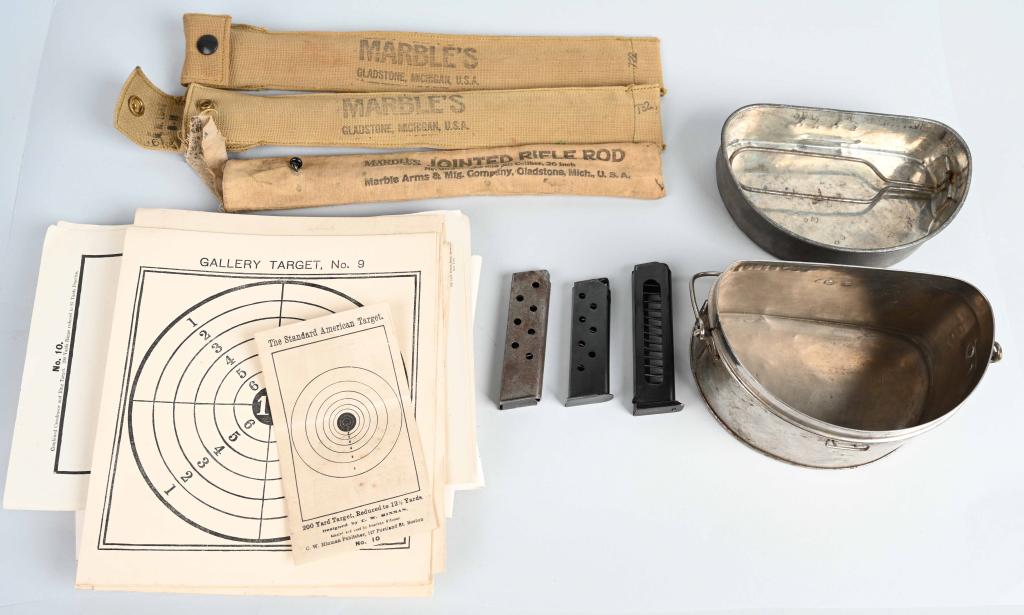 WWI BRITISH MESS KIT, TARGETS, GUN CLEANING KITS: Mixed lot of historical items including a WWI 1916 dated British "D" shaped mess kit with regimental markings on the lip, 3 Marbles gun cleaning kits with rods, over 20 vintage paper targets, and thre