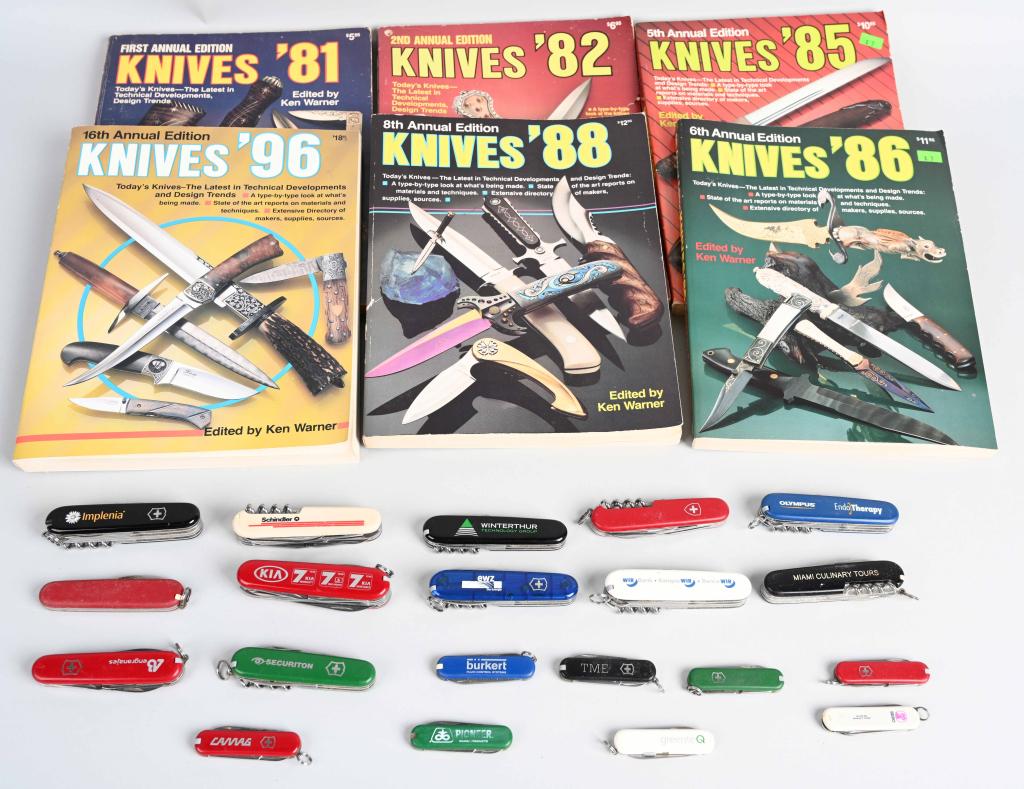 20 POCKET KNIVES + 6 KNIVES BOOKS: 20 promotional Swiss Army style pocket knives -- attachments, color, sizes, and logos vary but most are marked with company insignia. Comes with 6 "KNIVES" magazine price guide books from the 1980s an