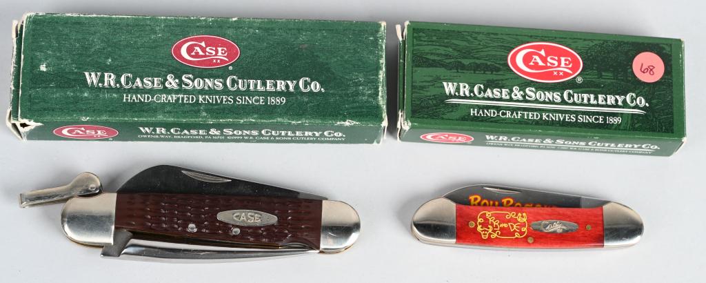 2 COLLECTIBLE BOXED CASE XX KNIVES: Pair of 2 mint condition Case Cutlery knives still in the Case factory boxes. Includes a Case Marlin Spike with Brown grips, blade number 62146 RL SS . 146 RL with a 3" blade and a 2.8" spike, in the