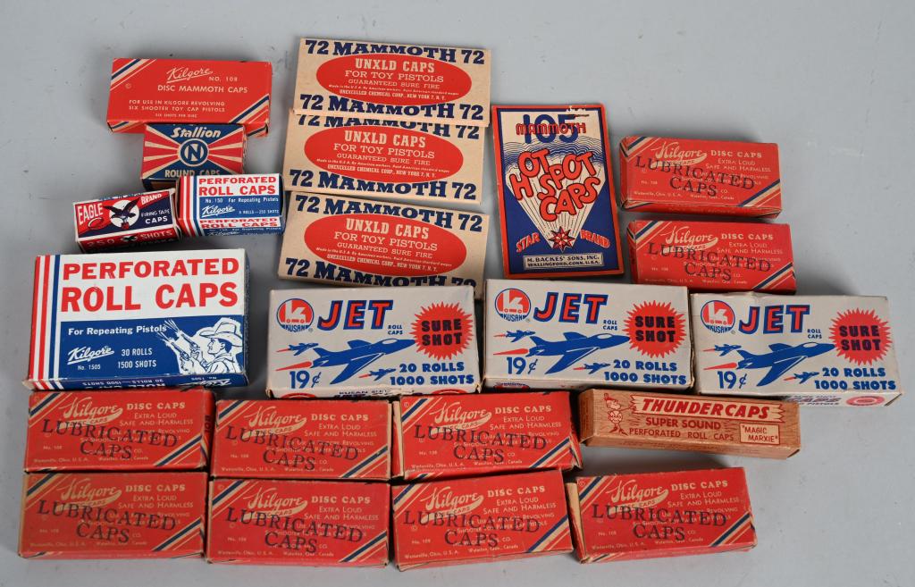 HUGE LOT OF VINTAGE GUN CAPS BOXED: Includes 72 Mammoth, Jet Caps, Disc Caps, Hot Spot Caps, and More. Excellent
