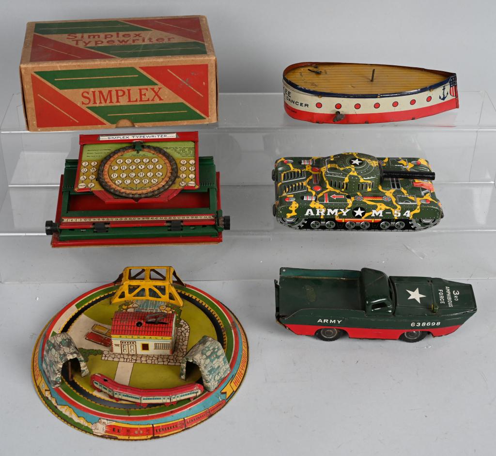 LOT OF TIN TOYS: Includes Marx Honeymoon Express, Army Tank, Amphibious Car, and Marx Typewriter with Box. AS-IS
