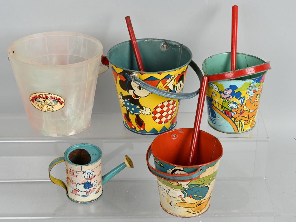MICKEY MOUSE & DONLD DUCK SANDPAIL LOT: Great lot of Mickey Mouse and Donald Duck Sand Pails. Plus a Donald Duck Watering Can. Comes with some shovels. Great graphics. Largest 6" Very Good-Excellent