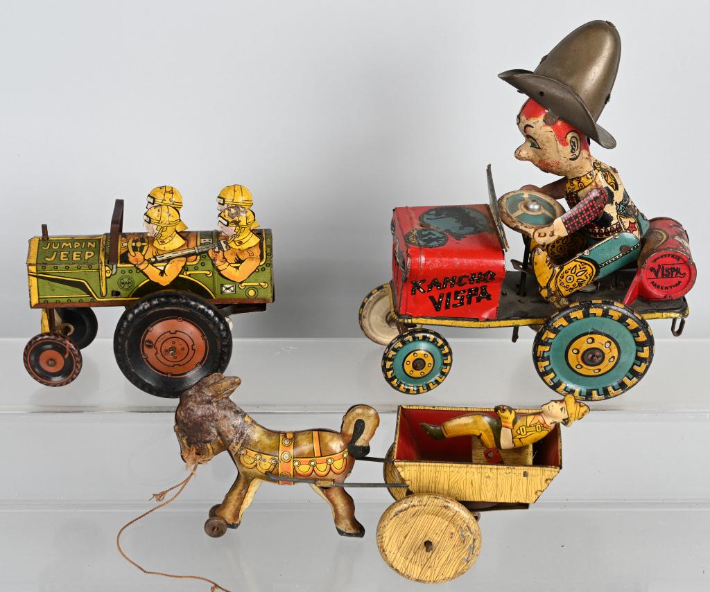3- VINTAGE Tin Windup TOYS: Lot includes Marx Jumping Jeep and Balky Mule along with a Argentine copy of the Unique Art Rodeo Joe. Jumping Jeep works, others works somewhat. AS-IS