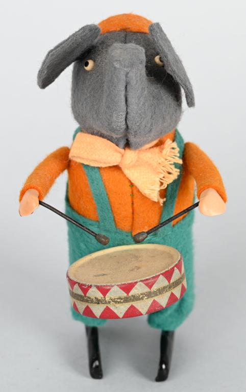 SCHUCO GERMANY ELEPHANT Tin Windup DRUMMER: Scarce original pre-war Schuco Elephant Drummer. Works well. Includes key that is not original. 5", Excellent