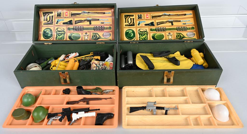2- VINTAGE G.I. JOE FOOT LOCKERS w/ ACCESSORIES: Lot includes 2 wood foot lockers with weapons, head gear, clothes, boots and more. Condition varies. Some issues. Good-Very Good