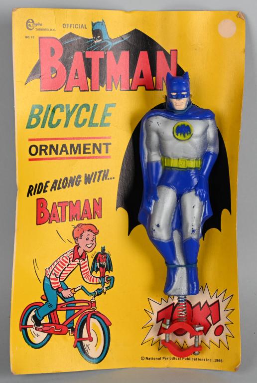 1966 BATMAN BICYCLE ORNAMENT w/ CARD: New Old Stock on card.13" Excellent