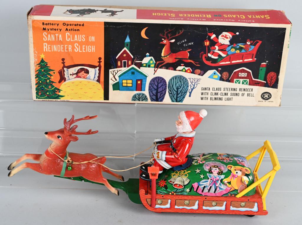 JAPAN BATTERY OP SANTA CLAUS ON SLEIGH w/ BOX: Excellent battery operated Santa Claus on Sleigh being pulled by Reindeer. Excellent colors and details. Worked when tested. With Box. 17" Excellent