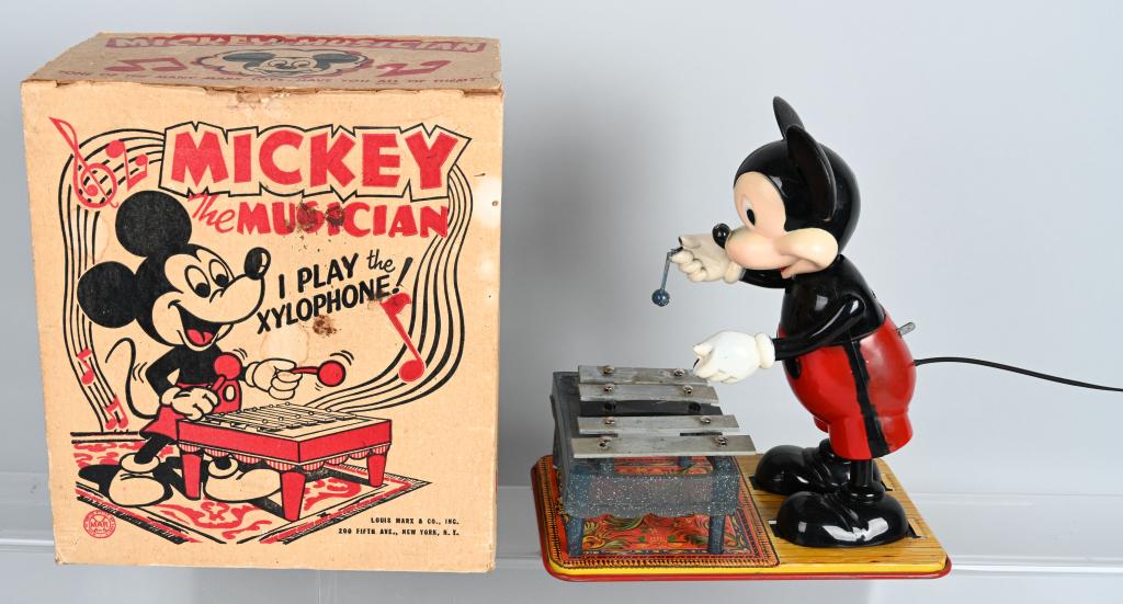 MARX WINDUP MICKEY MOUSE MUSICIAN w/ BOX: All original and working. Missing one stick. With Box. 12" Very Good-Excellent