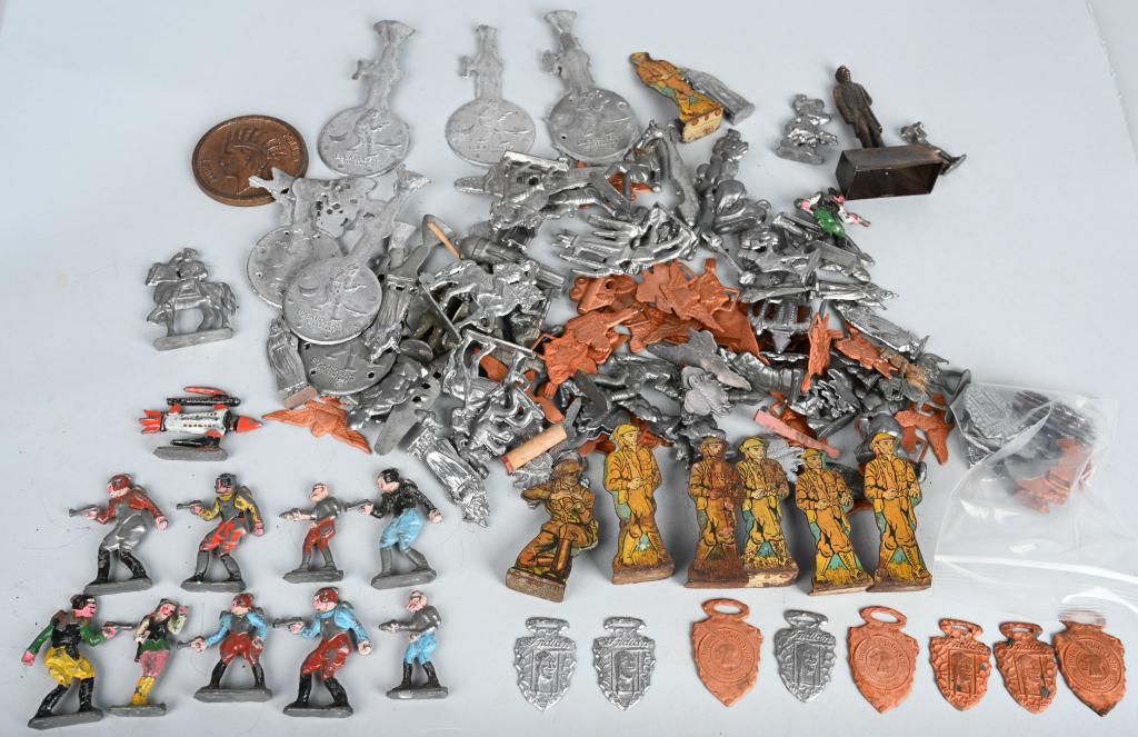 LARGE LOT CAST LEAD FIGURES, and MORE: Lot includes cast lead figures for Buck Rogers, Mickey Mouse and others. Also included are cast Buck Rogers badges, and Indian Motorcycle watch fobs. In addition there is a 4 1/2" Abraham Lincoln figu