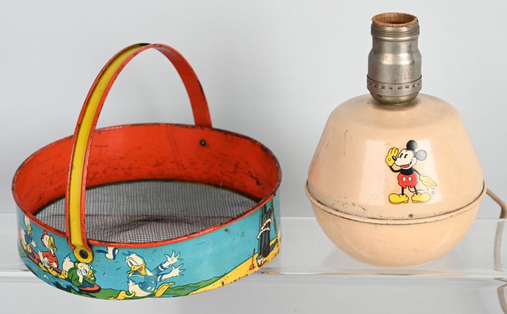 WDE Mickey Mouse Lamp & Donald Sand Sifter: Nice pair of early Walt Disney items. Both all original. Largest 8" Excellent