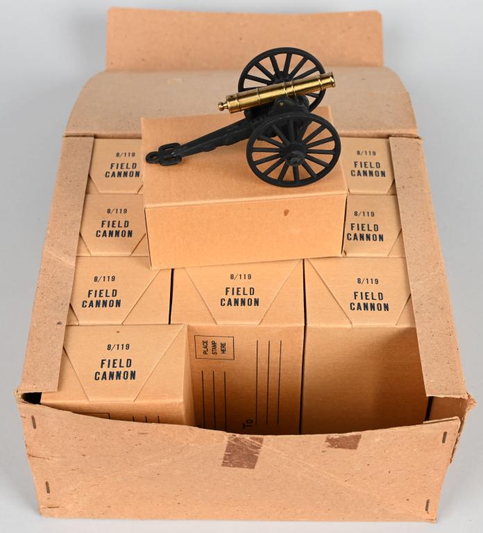 11- JAPAN Cast Iron & Brass FIELD CANNONS w/ BOX: Unused in the original boxes and shipping box. These are the kind that were sold at Civil War battlefields during the Centennial from 1961-1965. 4 3/4". Near Mint