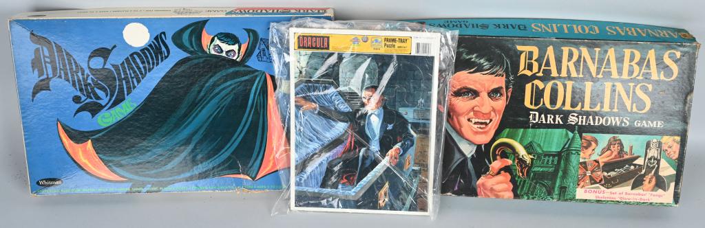 2-1960'S DARK SHADOWS GAMES and PUZZLE: Lot includes a 1968 Whitman game that appears to be complete, along with a 1969 Milton Bradley game that is incomplete with a damaged box. Also included is a Dracula puzzle. AS-IS
