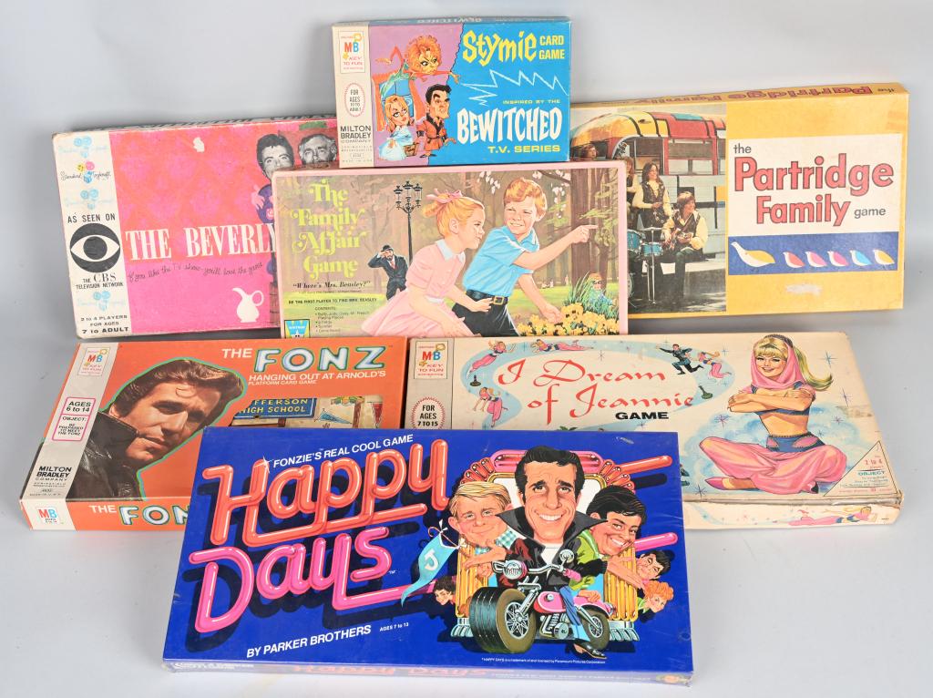 7- VINTAGE TV SHOW GAMES: Lot includes Bewitched, The Beverly Hillbillies, The Family Affair, i Dream of Jeannie, The Fonz, The Patridge Family and The Fonz. Conditions vary. Not itemized. Partridge Family looks unplayed with.