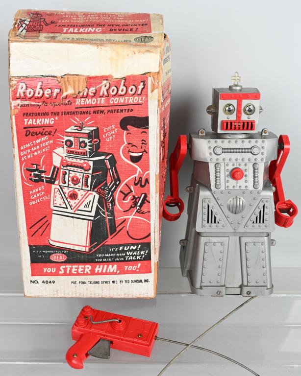 IDEAL ROBERT the ROBOT w/ BOX: original ideal Robert the Robot. Walking action worked when tested. The talking is hard to understand which the norm with this. Includes original box with some tape. 14", Very Good
