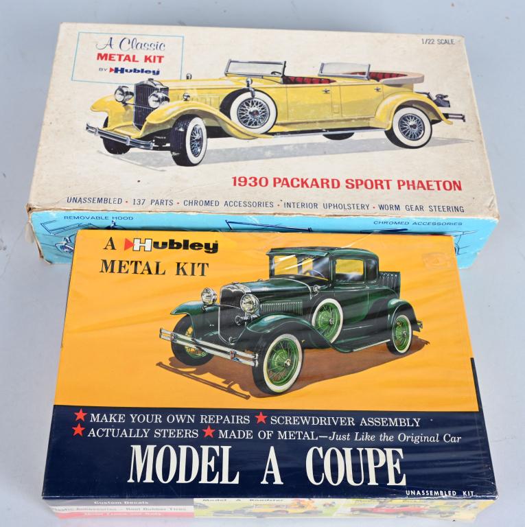 2- VINTAGE HUBLEY METAL AUTO KITS: Lot include a 1930 Packard Sport Phaeton along with a Ford Model A Coupe. 1:22 scale. Very Good-Excellent