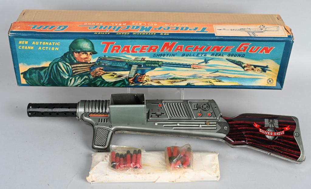 JAPAN Tin TRACER MACHINE GUN TOY w/ BOX: Great looking tin toy machine gun with the original graphic box. Worked when tested. 20" Excellent