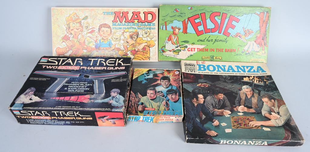 CHARACTER GAME & TOY LOT, STAR TREK & MORE: Lot includes Star Trek Phaser in box, Star Trek puzzle, Bonanza game, Mad Magazine game and Elsie the Cow game. Condition varies. AS-IS