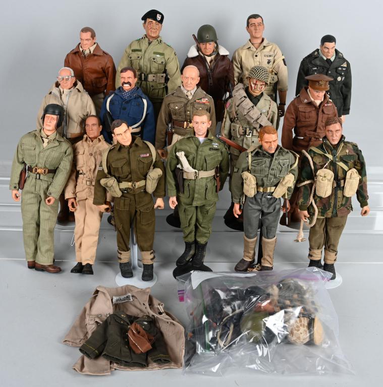 16- WWII AMERICAN 12" ACTION FIGURES and MORE: Lot of 16 American quality Action Figures. Includes General Patton, Eisenhower, Bob Hope John Wayne, Teddy Roosevelt and many more. Lot includes various makers. Very well made with authentic detailing