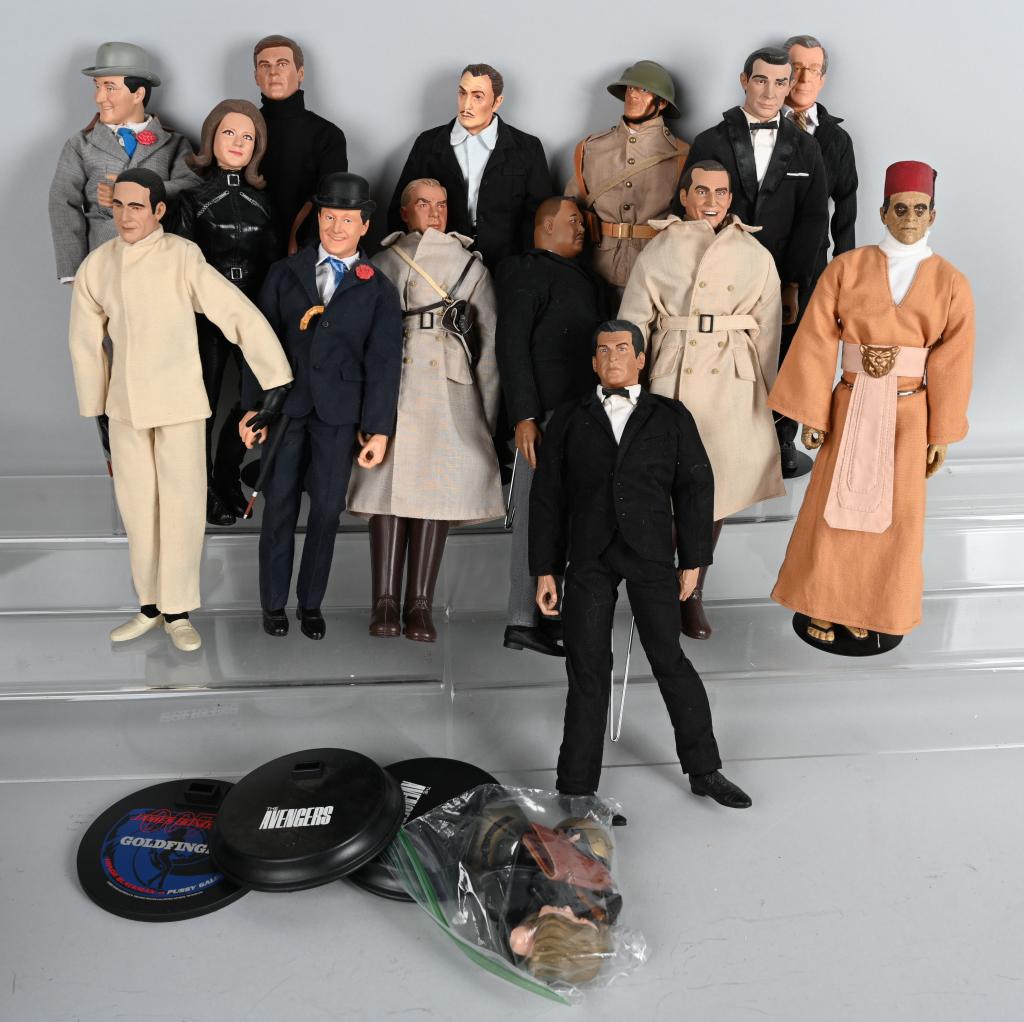 14- JAMES BOND, ADVENGERS 12" FIGURES and MORE: Nice lot with several James Bond 007 figures, Advengers figures and more. 5 are in the original boxes and are incomplete. Very Good-Excellent