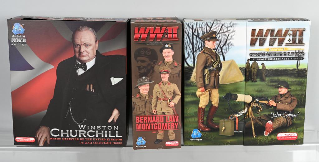 3- WWII BRITISH DID 12" ACTION FIGURES: Lot includes incomplete Winston Churchell, incomplete Bernard Montgomery, and complete John Colman. All with original boxes. Excellent