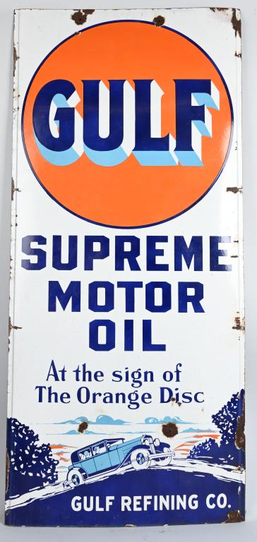Gulf Supreme Motor Oil w/Blue Sedan Porcelain Sig: rated 8.5, 60"x27.5", SSP vertical sign has excellent gloss and color, field is clean, has nail holes above the car at bottom.