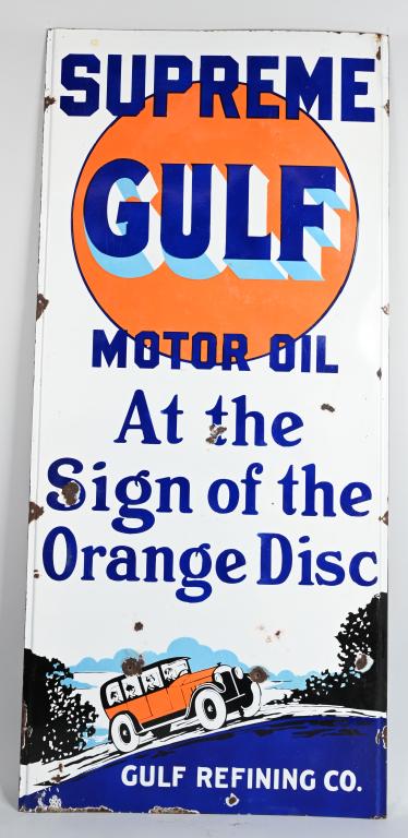 Supreme Gulf Motor Oil At the Sign of the Orange D: rated 8, 60"x27.5", SSP vertical sign, has excellent gloss and color, has small chip in the field and nail holes above the car.