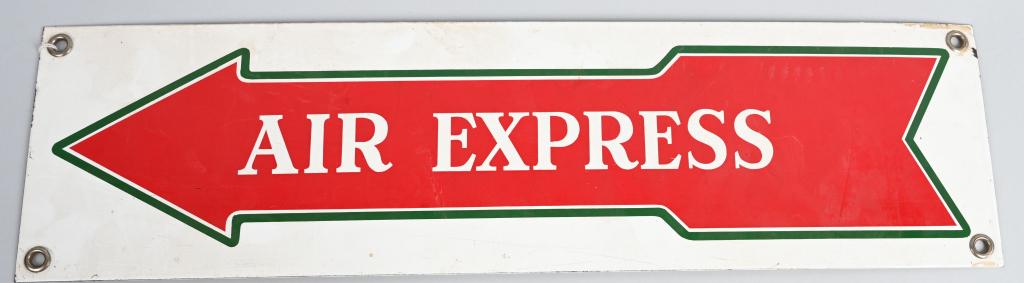 Air Express in Arrow Porcelain Sign: rated 9.5, 6.25"x23", SSP sign, has excellent gloss and color, one tiny chip on right-hand edge