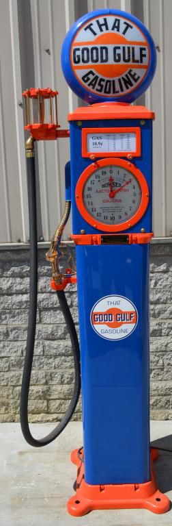 Bowser Xacto Sentry Clock Face Gas Pump Restored: has been professionally restored in Gulf colors with repop globe, has brass nozzle, spinner gauge and new black hose, 76"T.