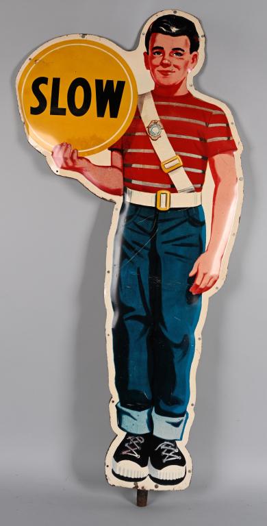 Pepsi-Cola Crossing Guard Metal Sign: rated 8, 59"x30", 2-SST diecut sign mounted back-to-back, has very good color and shine, has light wear, scratches and a crease the edge of the button, on cast iron stand
