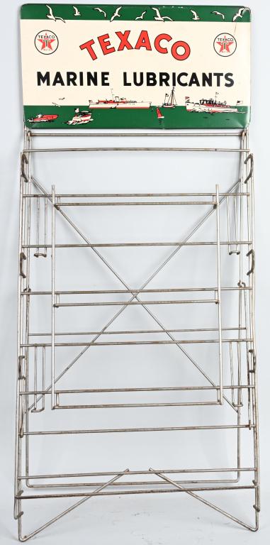 Texaco (white-T) Marine Lubricants Metal Rack Sign: rated 7.9, 11.5'x22.5", 48"T with wire display rack, has good color and shine, has light wear and small areas of staining